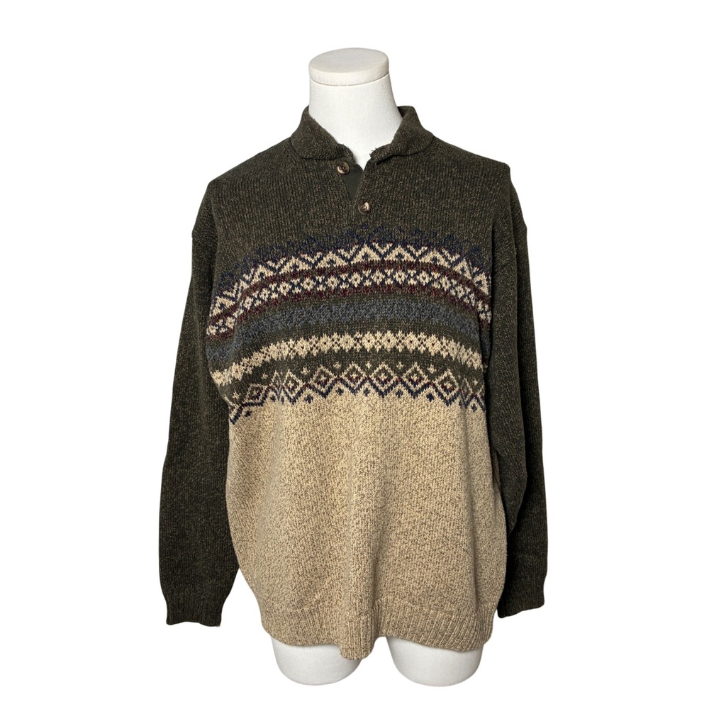 Dockers Green Tan Fair Isle Cotton Knit Henley Pullover Sweater MenM Grandpacore